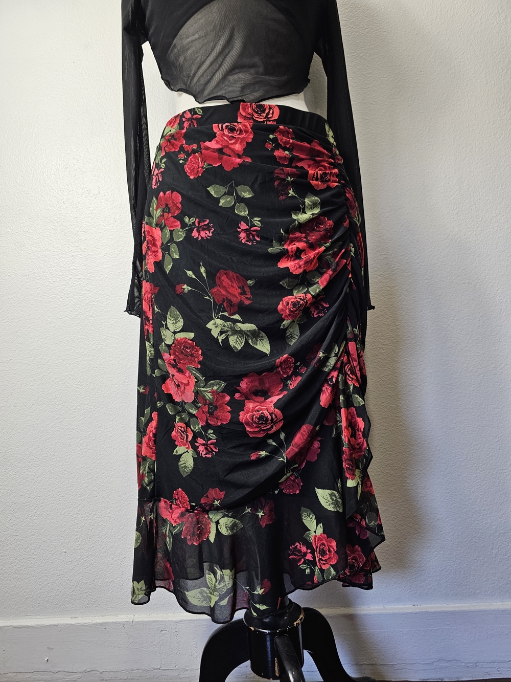 Black Floral Ruched Midi Skirt with Red Roses